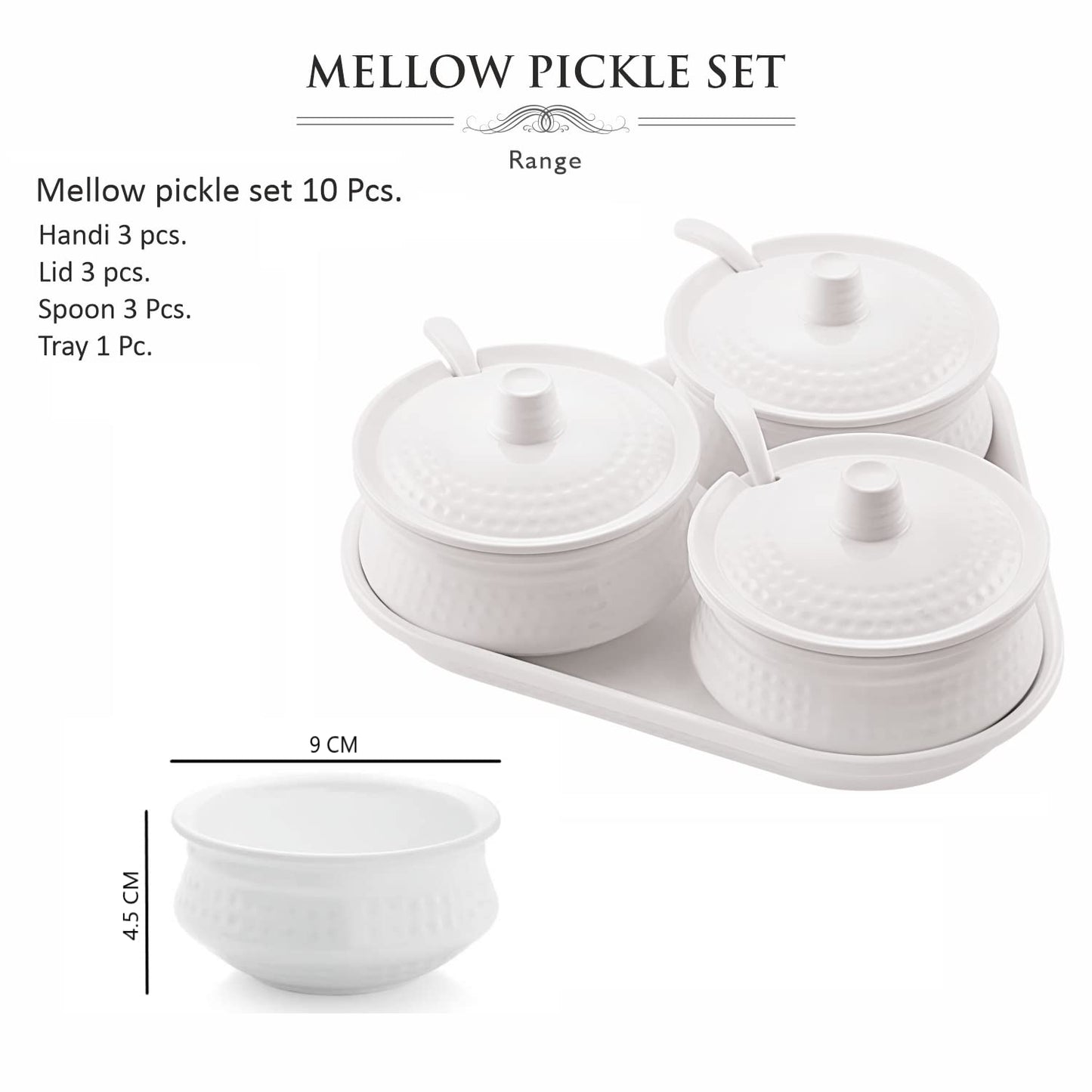 CELLO Melamine Mellow White Pickle Serving Set With Tray (3 Pieces) | Condiment, Masala Container | Pickle and Chutney Jar for Dining Table, Beige