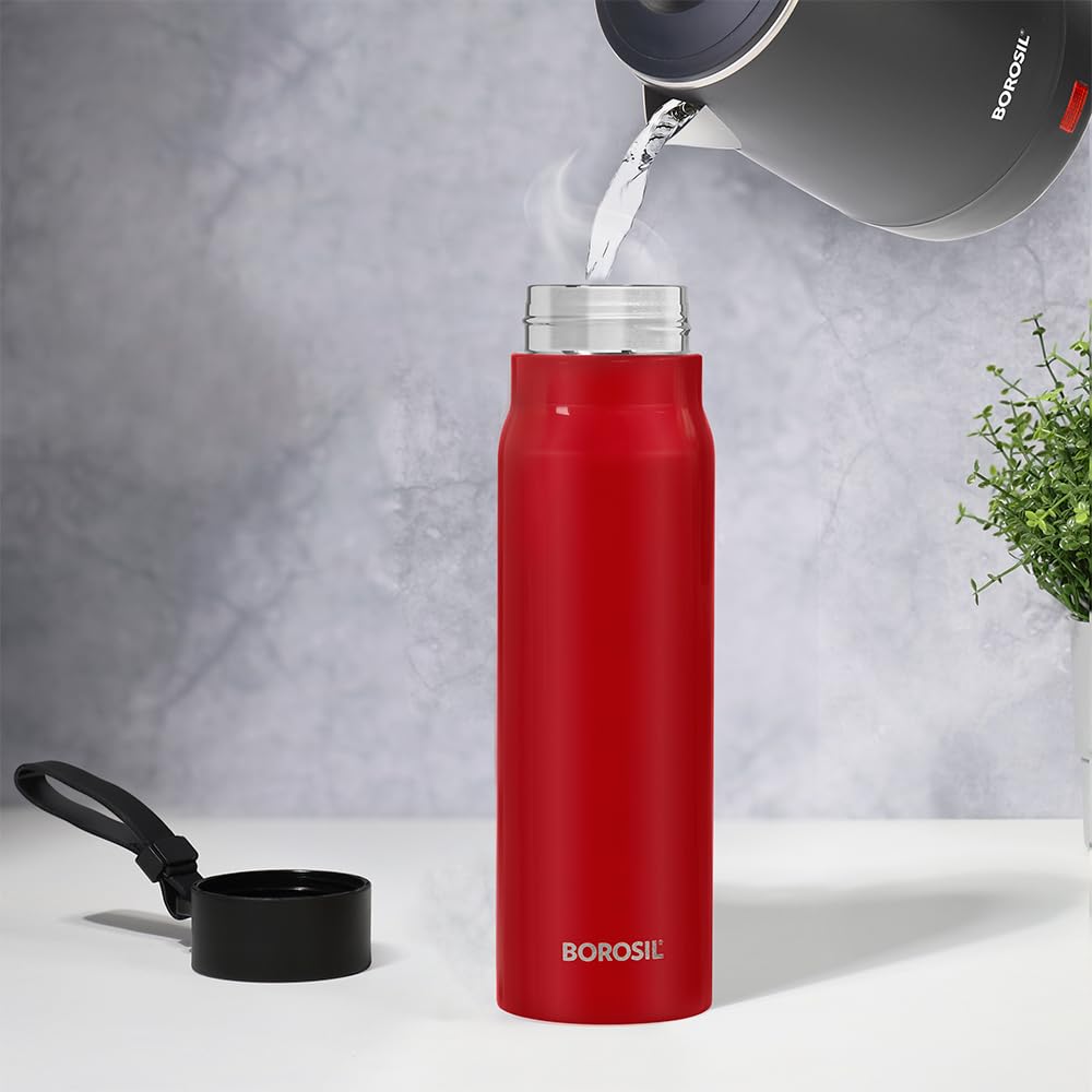 Borosil Hydra Bliss 500 ml Stainless Steel Water Bottle | 13 hrs. Hot & 12 hrs. Cold Flask | Double Wall Vacuum Insulated, Leakproof, Wide Mouth with Strap | 1 Year Warranty, Red