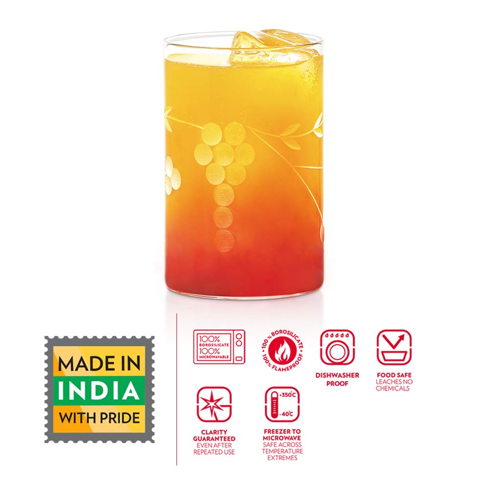 Borosil 295ml 6pc Vision Berry Cut Design Medium Drinking Glass Set | Made in India Borosilicate Glass Tumblers for Water, Cold Drinks, Juice| Microwave & Dishwasher Safe for Dailyuse & Giftin