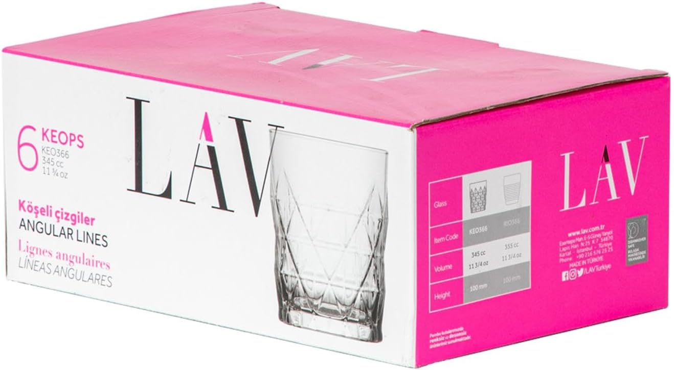 LAV Keops Whisky Tumbler Glasses - 345ml - Pack of 6 Rocks Glasses/Whiskey Glasses