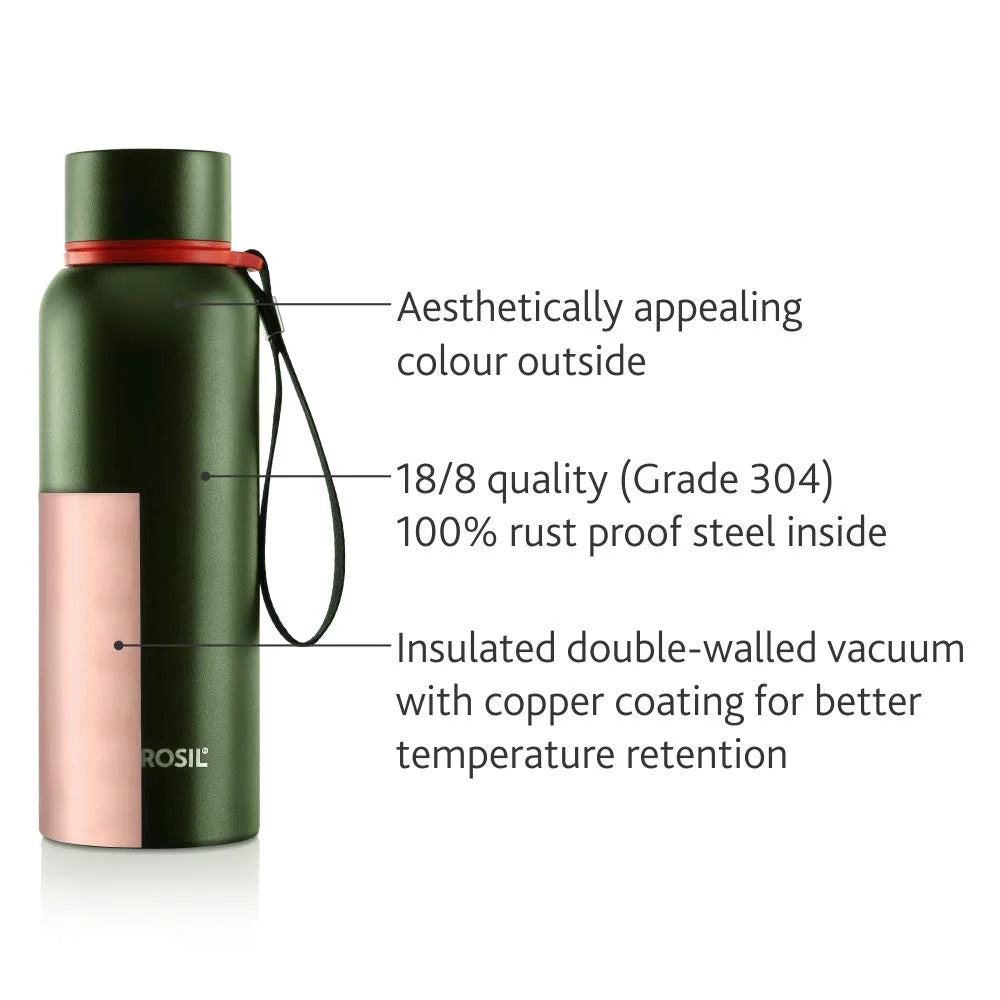 Borosil Trek Green 500ML Hot n Cold Stainless Steel Bottle (BT500GRN101) – 20 Hours Hot, 24 Hours Cold, Wide Mouth, Durable Finish