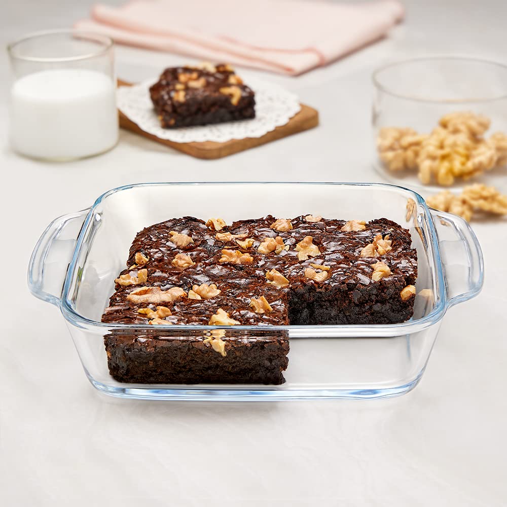 Borosil 800 ml Baking & Serving Dish with Handle | Borosilicate Glass Square Shape Bakeware and Serveware Casserole Dish Tray | Microwave, Oven & Dishwasher Safe Bowl (Transparent)