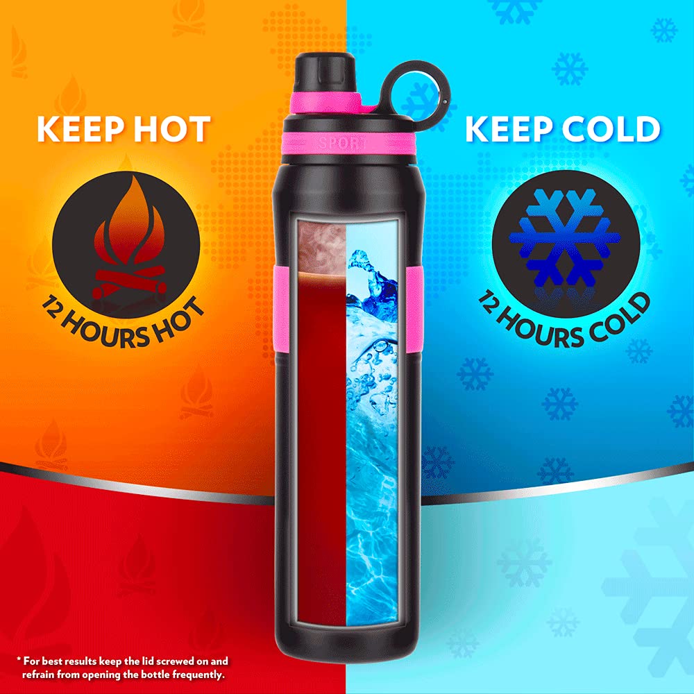 Borosil Hydra Thirst Burst Fuchsia Water Bottle, Stainless Steel Water Bottles, Vacuum Insulated Flask Bottles, 800 ml, Black & Pink