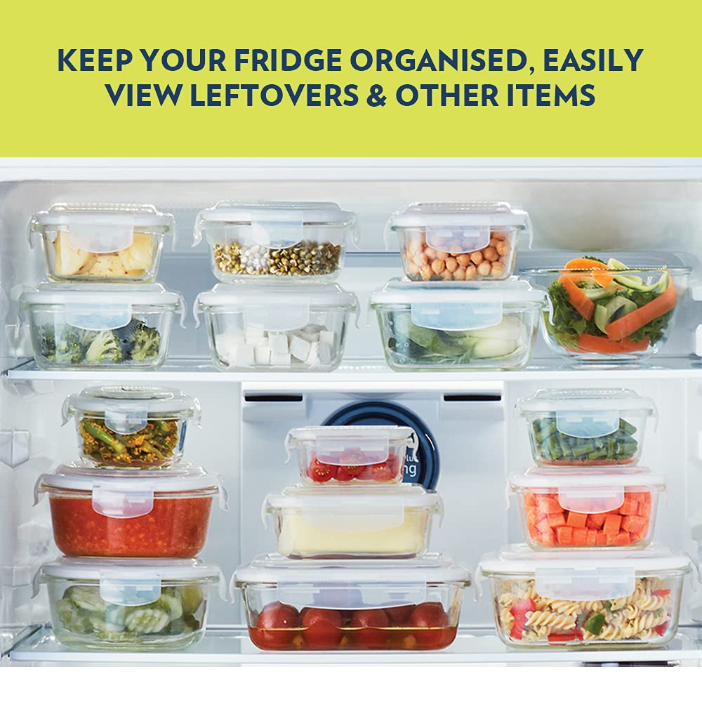 Borosil 800ml Klip n Store Square Glass Food Storage Container with Air Tight Lid | Borosilicate Glass Container for Lunchbox | Microwave & Dishwasher Safe | Transparent