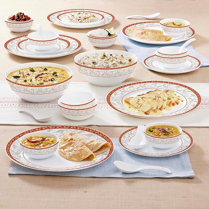 Larah by Borosil Ragina Kohinoor Series Opalware Dinner Set | 33 Pcs for Family of 6 | Microwave & Dishwasher Safe | Bone-Ash Free | Crockery Set for Dining & Gifting | Plates & Bowls | White