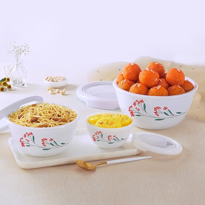 CELLO Opalware Mixing Bowl Set with Premium Lid, Red Blossom, 3 Units, (500 ml, 1000 ml, 1500 ml), White
