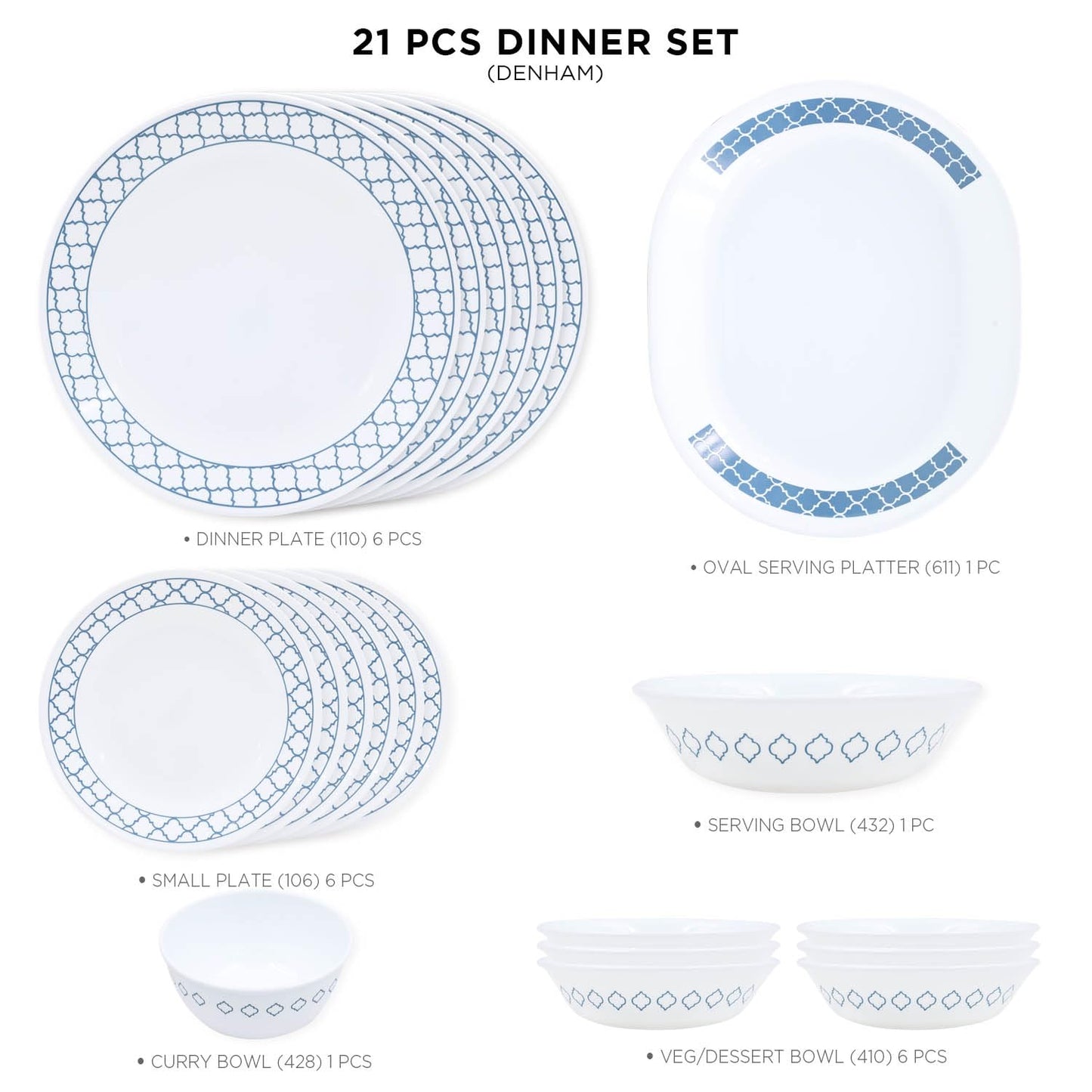 Corelle Denham Dinner Set - 21 Pcs | for Family of 6 | Break & Chip Resistant | Lightweight & Durable | Microwave & Dishwasher Safe