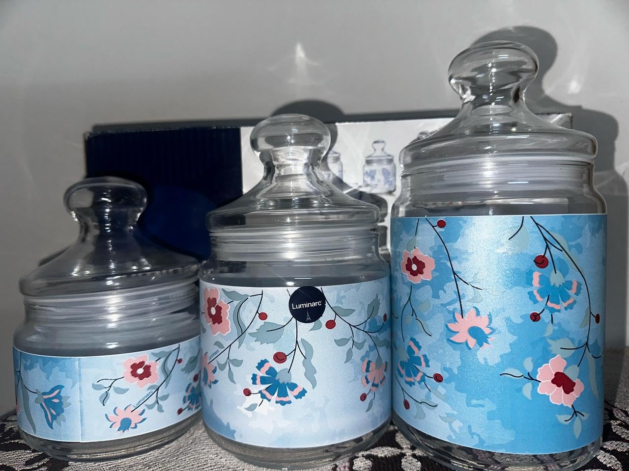 Luminarc 3 Pc Printed Pot Club Jar Glassware Set – Airtight Storage Containers for Kitchen Pantry, Spices, Snacks and Dry Ingredients (Printed)