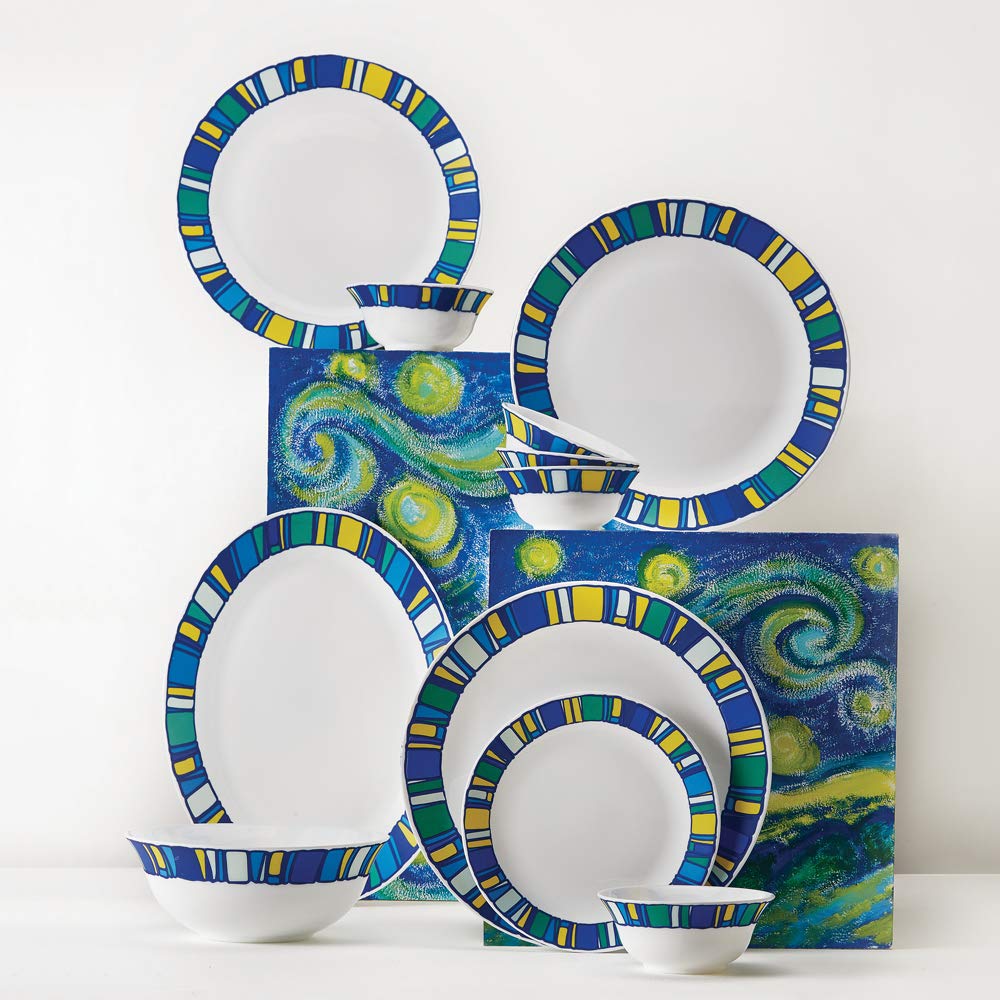 Larah by Borosil - Tiara Series, Sapphire, 33 Pcs, Opalware Dinner Set, White