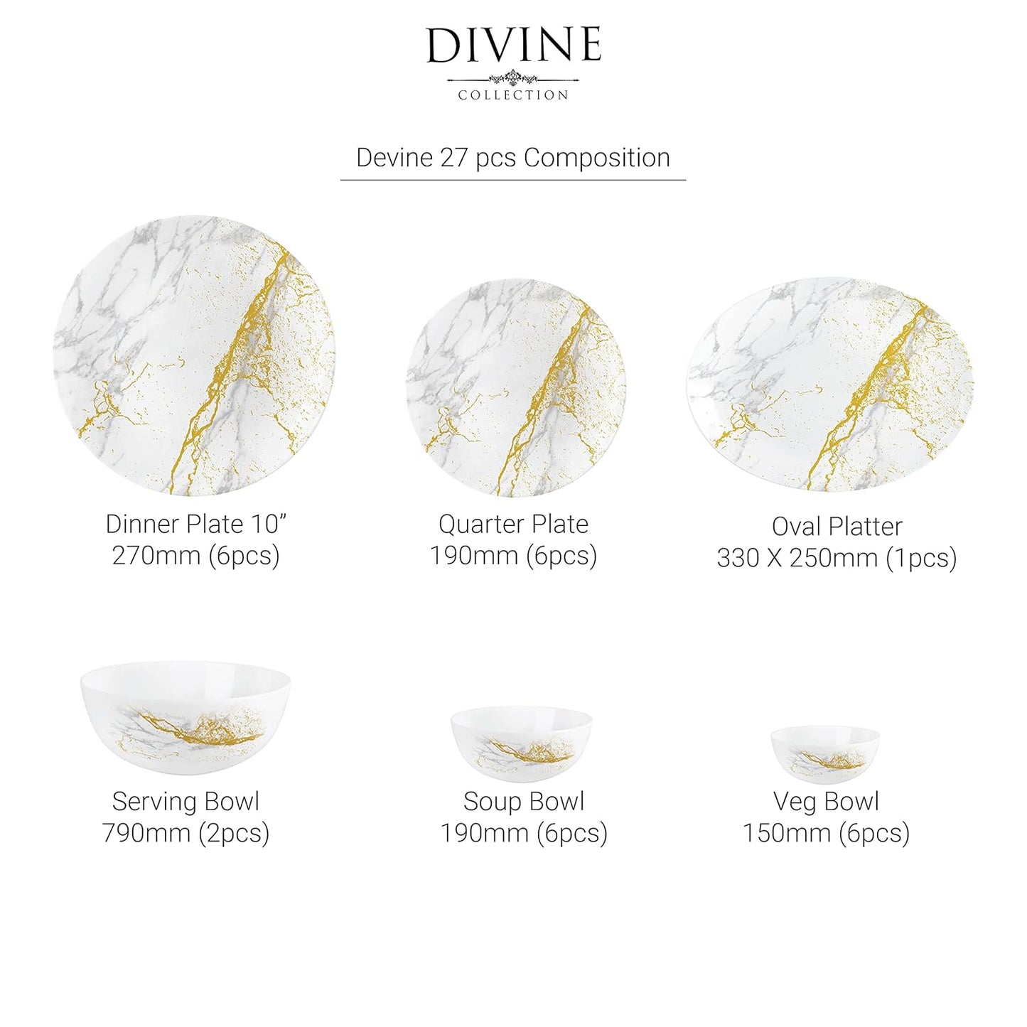 Cello Opalware Divine Marbella Dinner Set, 27PCs, White