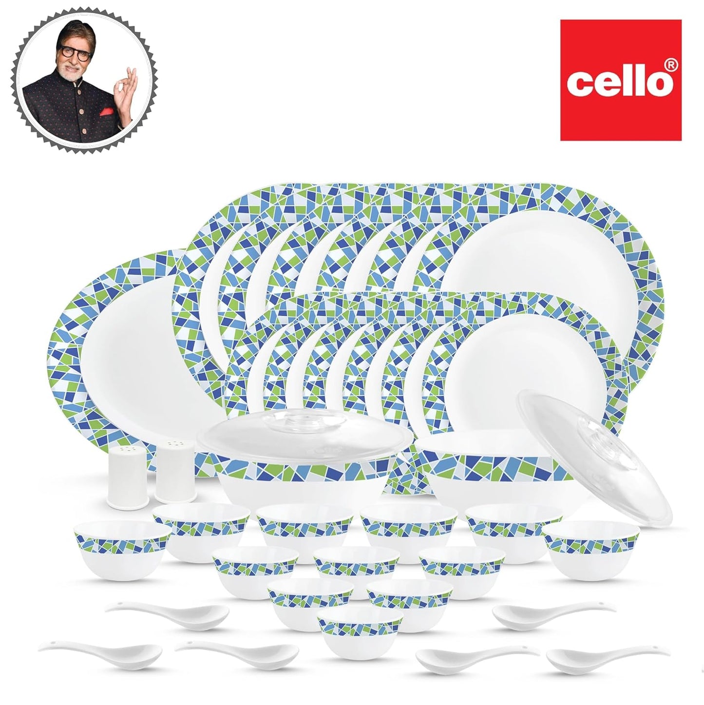 Cello Opalware Zarah Series Collage Dinner Set, 37 Units | Opal Glass Dinner Set for 6 | Crockery Set for Festive Ocassions | Light-Weight, Daily Use Crockery Set for Dining | White, Green, Blue