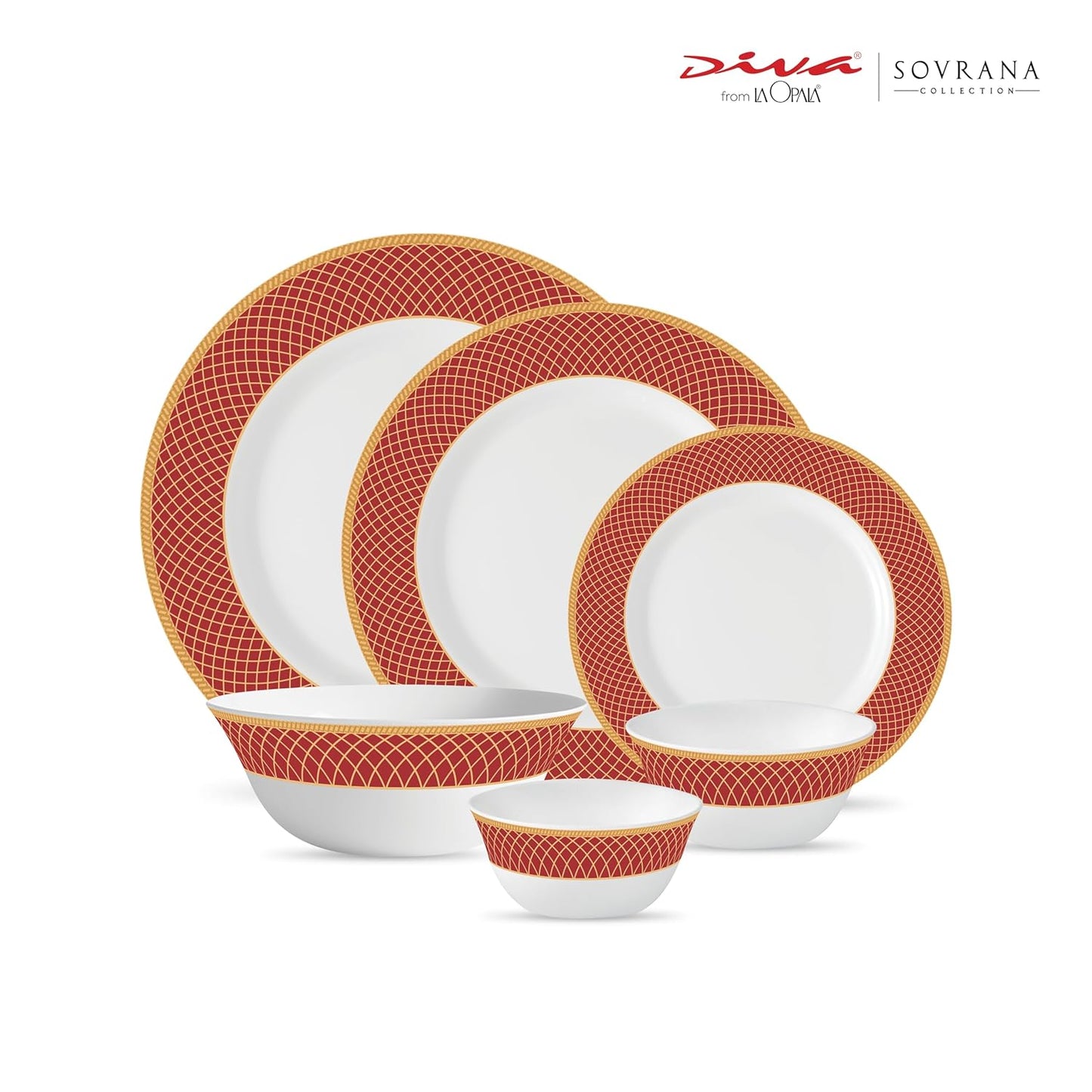 La Opala Diva Sovrana Collection Opal Glass Crockery | for Family of 6 | Dinner Set 27 pcs Regent Red | Plates & Bowls for Dining | Microwave Safe | 100% Vegetarian | Extra Strong | Light & White