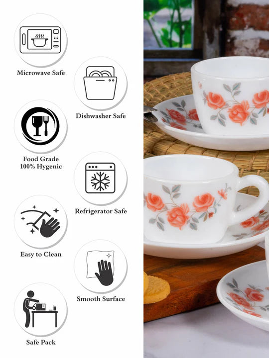 Cello Imperial Set of 12 Red Rose Fantasy Design Opalware Cup and Saucer Set- 130ml
