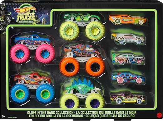 Hot Wheels Monster Trucks Glow in The Dark Multipack with 10 Toy Vehicles: 5 Monster Trucks & 5 1:64 Scale Cars, Collectible Gift for Kids Ages 4 to 8 Years Old