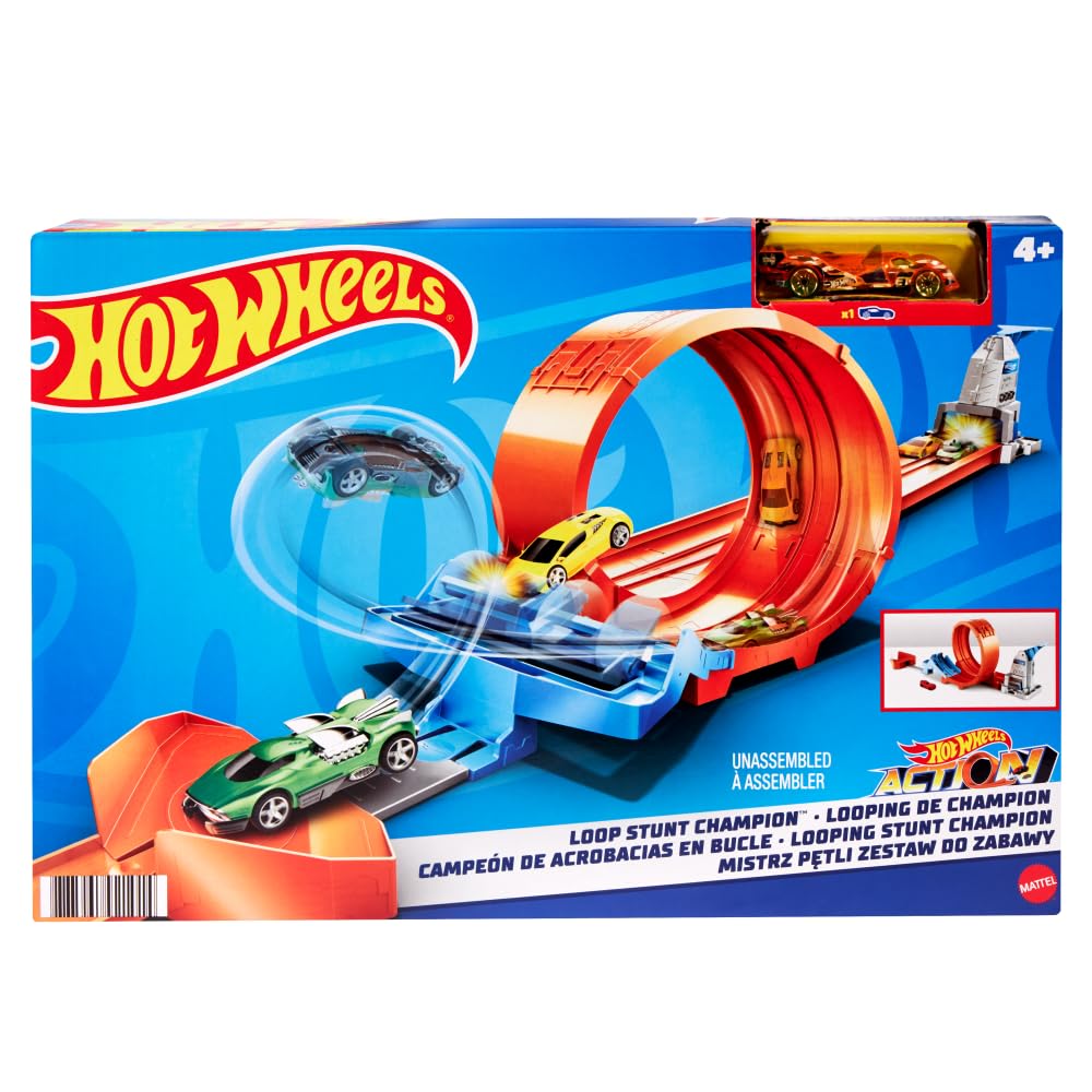 Hot Wheels® Loop Stunt Champion™ Track Set with Dual-Track Loop, Dual Launch, Spring Ramp & 1 Car for Kids 4 Years Old & Older