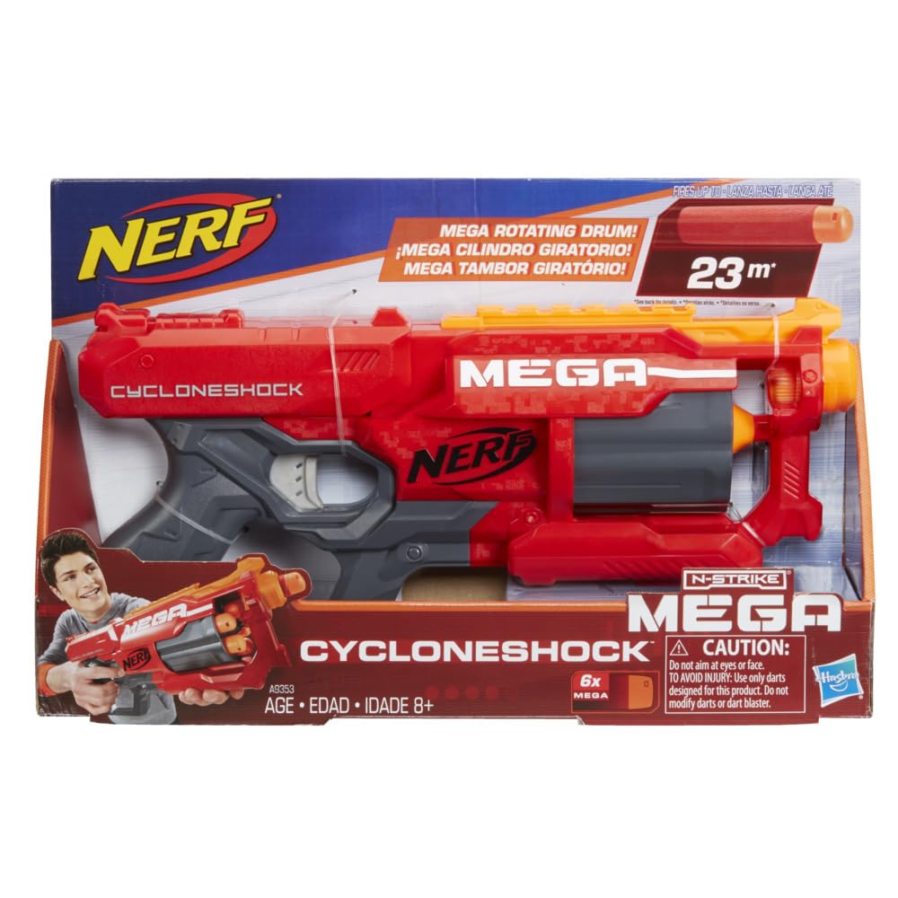 NERF N-Strike Plastic Mega CycloneShock, Includes Blaster and 6 Darts, for Kids Ages 8 and Up, Multicolor