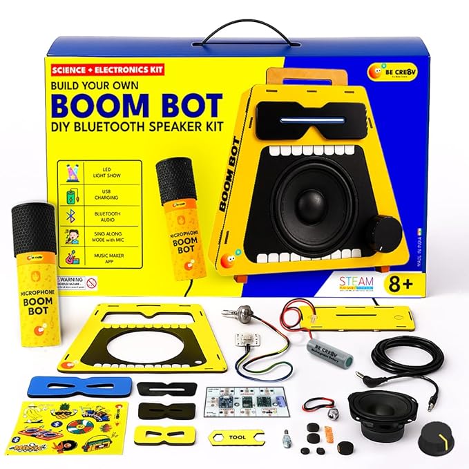 Be Cre8v Boom Bot DIY Bluetooth Speaker Kit with Microphone, LED Light Show, STEAM Learning Toy for Kids 8+ Year