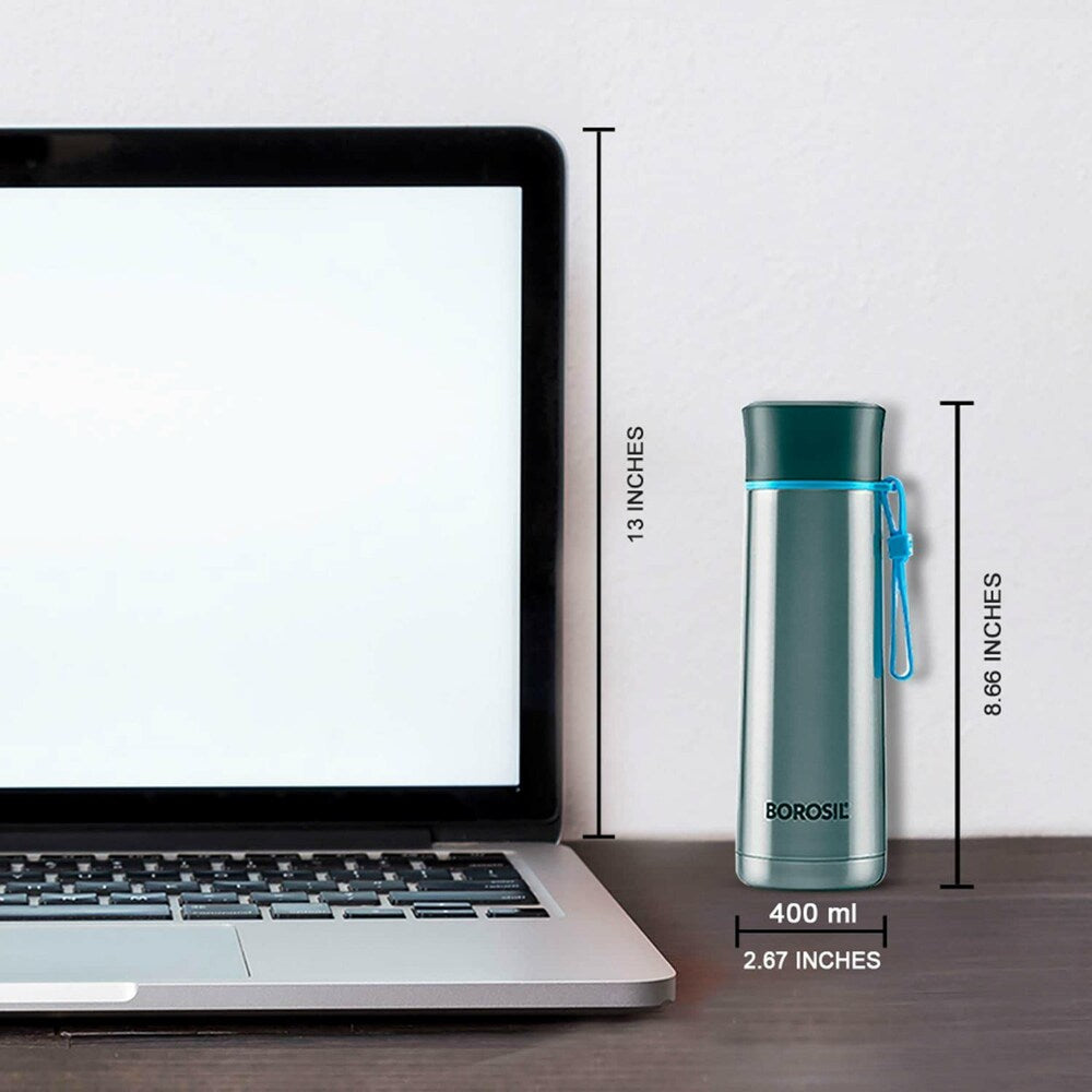 Borosil Hydra Sprint Silver 400 ml Stainless Steel Double Wall Vacuum Insulated Flask Water Bottle | 20 Hours Hot & 24 Hours Cold
