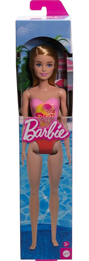 Barbie Beach Doll with Blond Hair, Pink One-Piece Swimsuit with Palm Tree Print, Pool and Beach Toys