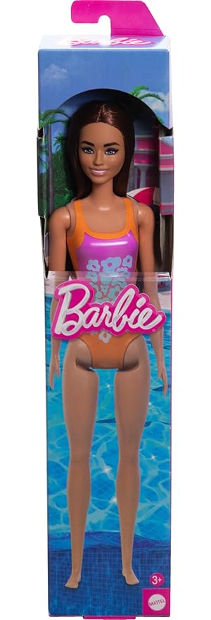 Barbie Beach Doll with Light Brown Hair, Pink and Orange One-Piece Swimsuit with Tropical Print, Pool and Beach Toys