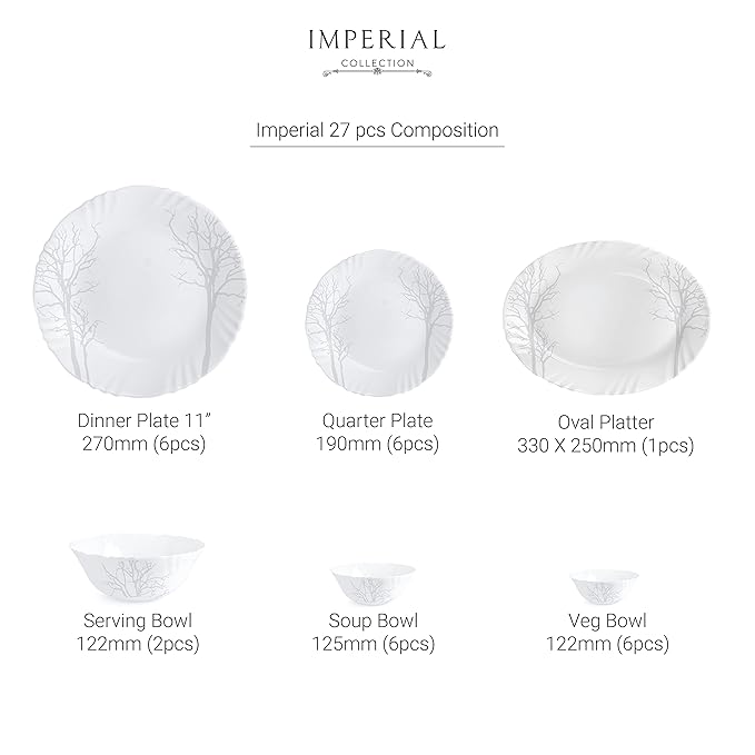 Cello Imperial Winter Frost Opalware Dinner Set, 11 inch Full Plate, 27 Pieces, White