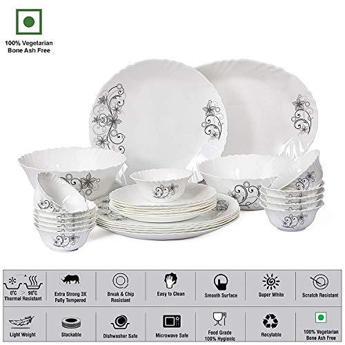Cello Imperial Camber Black Opalware Dinner Set, 11 inch Full Plate, 27 Pieces, White