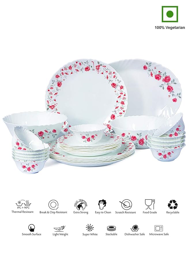 Cello Imperial Rose Fantasy Opalware Dinner Set, 11 inch Full Plate, 27 Pieces, White