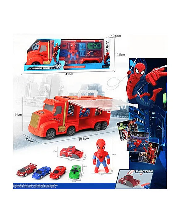 Marvel Spider-Man Carrier Truck Playset with several included racing cars & Superheroe Toy for kids Color May Vary