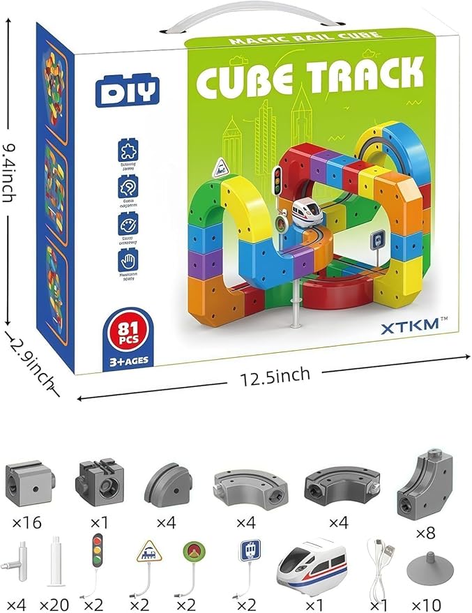 Cube Track Train Toy Set for Kids – Building Blocks Railway Track with Moving Train, Educational STEM Construction Toy, Creative Learning Toy for Boys & Girls (51 PCS Set)