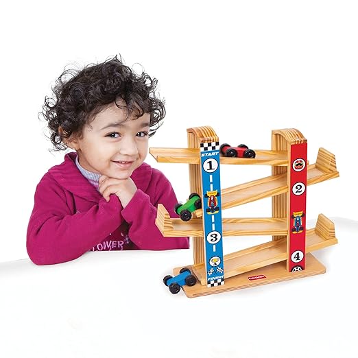 Giggles Funskool Ramp Racer, Wooden Racing Toy for Kids with 3 Mini Cars, Encourages Learning & Development, Motor Skills, Fun Activity for Preschool, Gift Set for Kid, Age 18+ Months