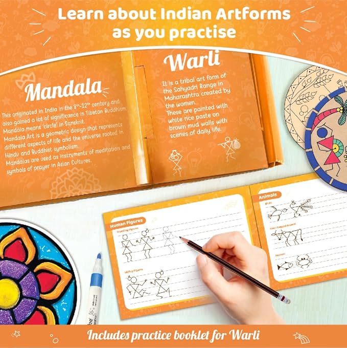 Imagimake Learn Indian Art Forms-Arts and Craft DIY Kit for Kids, Ages 8-12, 5 Indian Art Forms-Madhubani, Warli, Lippan, Mandala & Block Printing, Perfect DIY Craft Kit for Kids