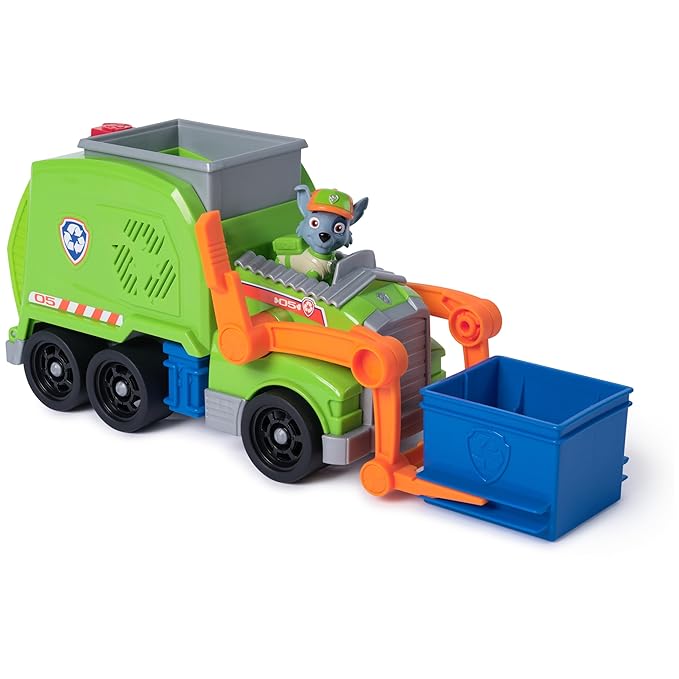 Paw Patrol Rocky Deluxe Vehicle | Crush N Roll Recycling Truck with Collectible Rocky Figure | Transforming Recycling Toy Truck | Sustainable Learning & Educational Toy for Kids Ages 3+