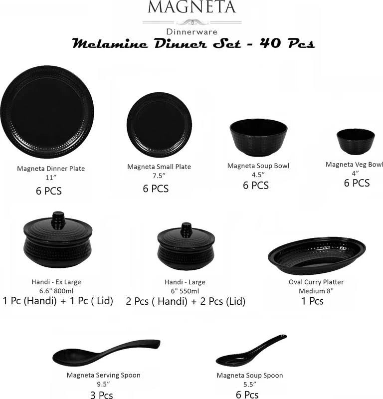 Cello Pack Of 40 Melamin Magneta Black 40 Pcs Dinner Set