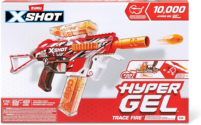 XSHOT Hyper Gel Trace Fire Blaster, Semi and Fully Automatic Gel Blaster & 10,000 Gellets, 600 Capacity Hopper & 850 Capacity Mag, Ages 14 & Up by ZURU