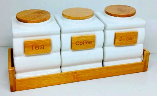 WHITE GOLD-3Pcs Jar With Bamboo Base