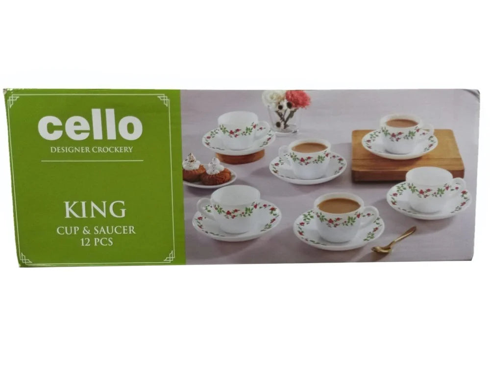 Cello Divine Printed White Opalware Tea Cups & Saucers - Set of 6 (160ml) Cello Divine Printed White Opalware Tea Cups & Saucers - Set of 6 Silver oro