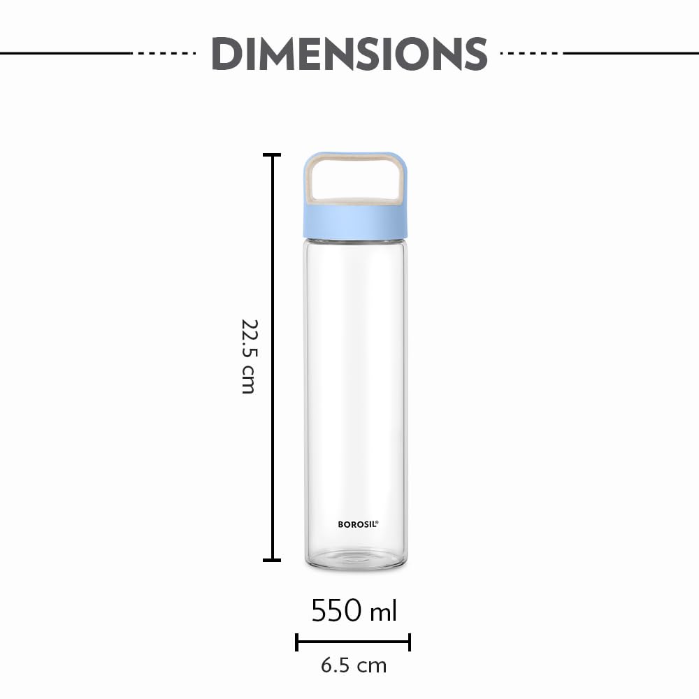 Borosil 550ml Neo Water Bottle Set with Lid | Borosilicate Glass Wide Mouth Bottle for Fridge | Extreme Temperature Resistant For Hot & Cold Water, Milk, Lassi, Juice
