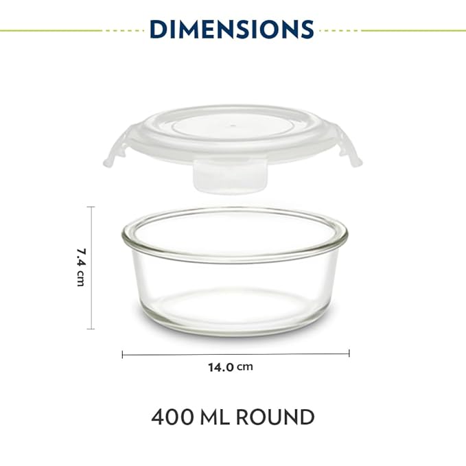 Borosil Lunchbox | 3pc Round Container Set (400 ml Each) | Made in India Borosilicate Glass | Microwave & Dishwasher Safe | Tiffin for Office, School, College | Vertical (Alfa Green)