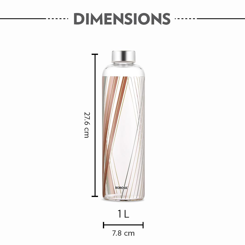 Borosil Artisan 1000 ml Narrow Mouth Glass Bottle with Metal Lid | 100% Borosilicate, Fridge Safe, Leakproof, Easy to Carry | Store Water, Lassi, Juice, Smoothies | Dishwasher Safe (Prism)