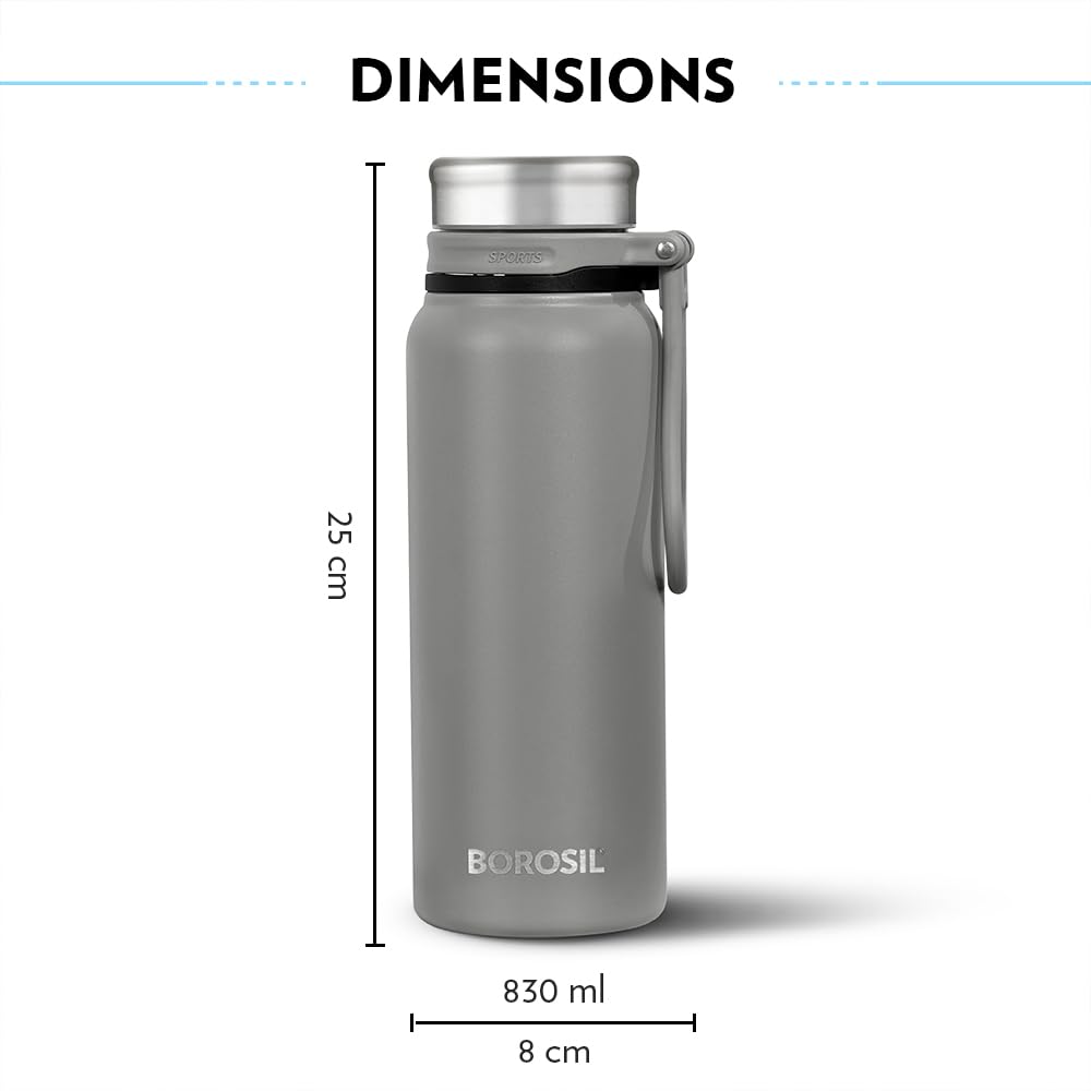 Borosil Hydra Aquafit 830 ml Grey Stainless Steel Water Bottle | Double Wall Vacuum Insulated Thermo Flask | 14 hrs Hot & 16 hrs Cold | Leakproof, Wide Mouth, Strap | Bottle for Gym, Office, School