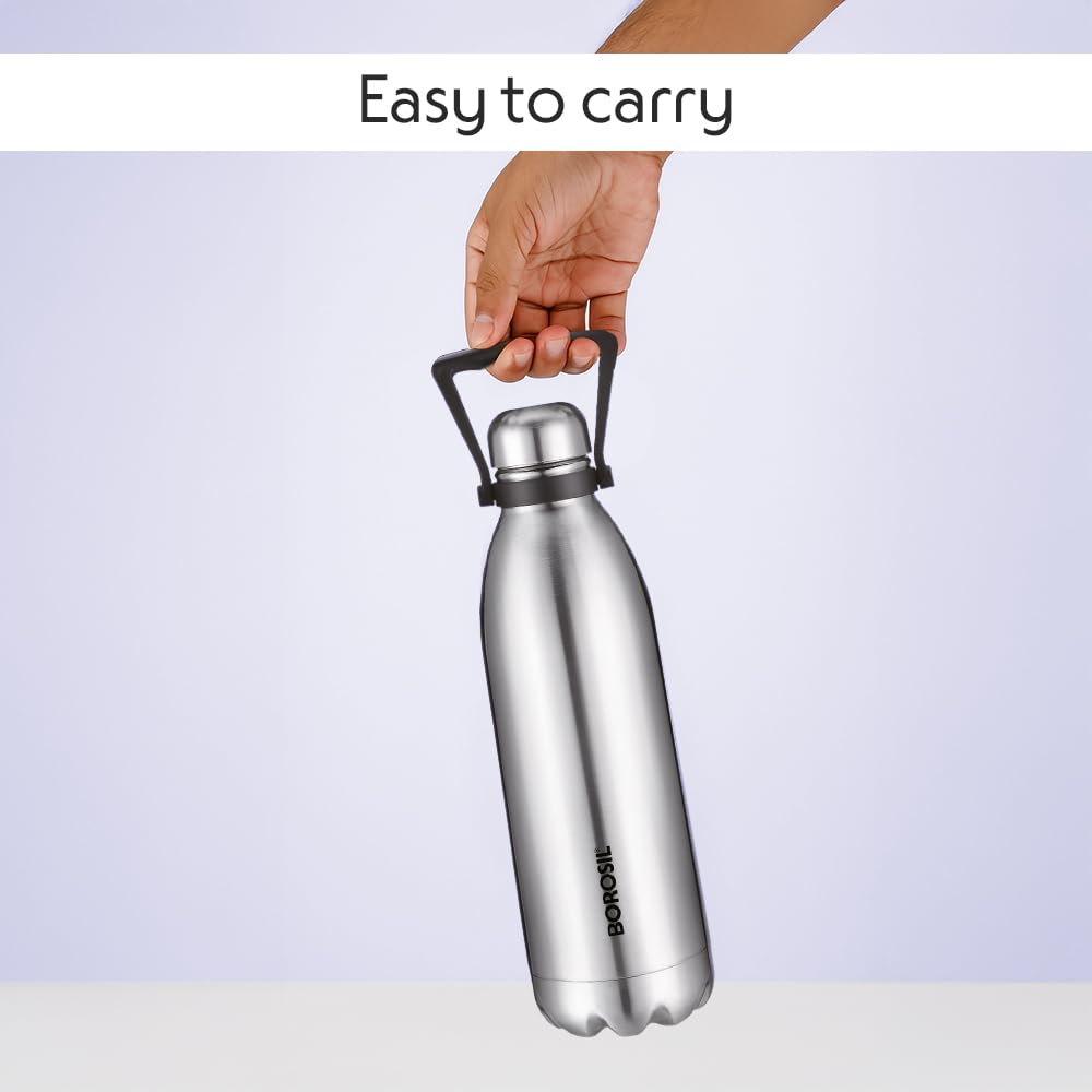 Borosil 1.5 L Hydra Bolt Stainless Steel Water Bottle | Double Wall Vacuum Insulated Flask | 24 Hours Hot and Cold | Bottle for Office, Gym, School | 1 Year Warranty | Silver