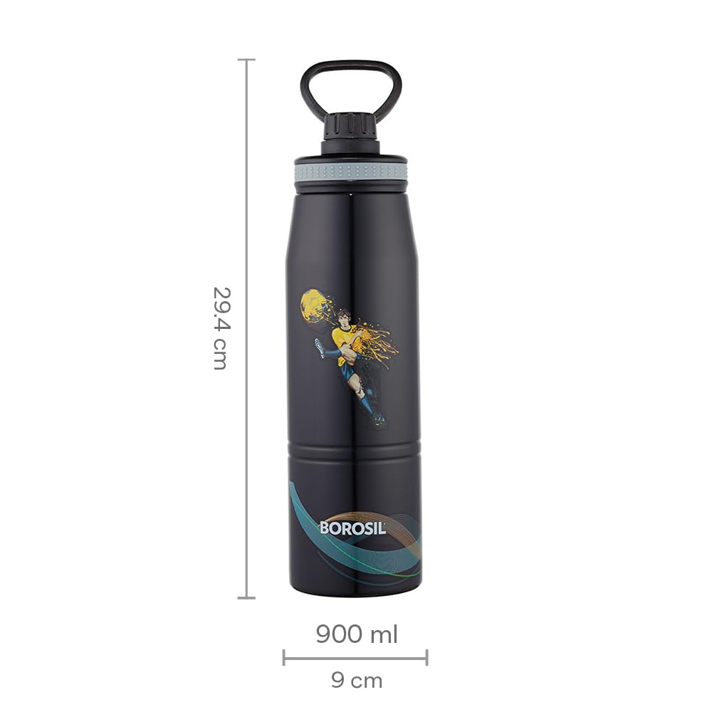 Borosil Hydra GoSportsFootball 900 ml Stainless Steel Wate Bottle | Double Wall Vacuum Insulated Flask | 14 Hrs Hot & 18 Hours Cold | 1 Year Warranty, Black