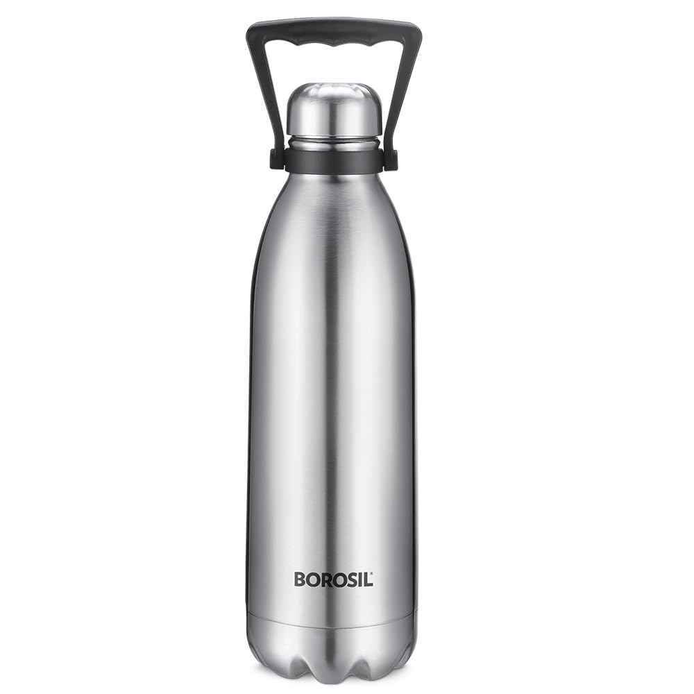 Borosil 1.5 L Hydra Bolt Stainless Steel Water Bottle | Double Wall Vacuum Insulated Flask | 24 Hours Hot and Cold | Bottle for Office, Gym, School | 1 Year Warranty | Silver