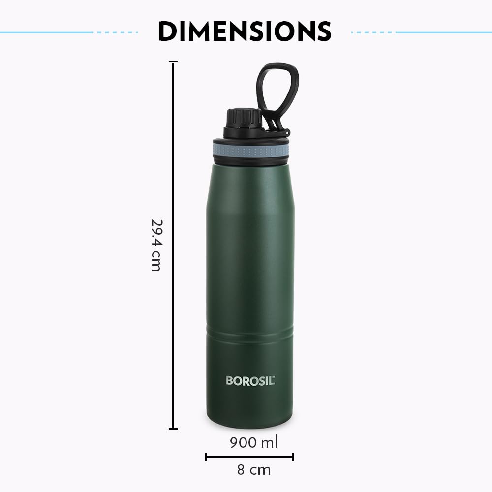 Borosil 900ml Gosports Stainless Steel Bottle | ISI Certified Made in India Double Wall Vacuum Insulated Flask | 14 Hours Hot & 18 Hours Cold | Leakproof, BPA Free | 1 Year Warranty, Green