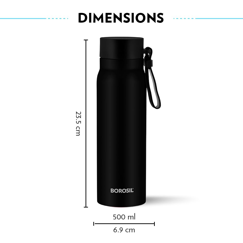 Borosil Bliss 500 ml Black Stainless Steel Vaccum Insulated Bottle 13 hrs Hot & 12 hrs Cold