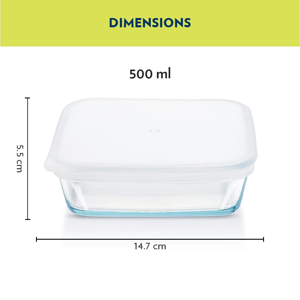 Borosil 500ml Baking & Serving Square Shape Dish with White Lid | Borosilicate Glass Bakeware and Serveware Tray | Microwave, Oven & Dishwasher Safe Bowl | Transparen