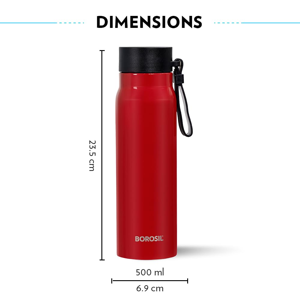 Borosil Hydra Bliss 500 ml Stainless Steel Water Bottle | 13 hrs. Hot & 12 hrs. Cold Flask | Double Wall Vacuum Insulated, Leakproof, Wide Mouth with Strap | 1 Year Warranty, Red