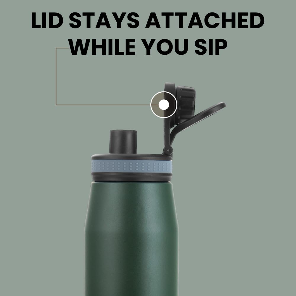 Borosil 900ml Gosports Stainless Steel Bottle | ISI Certified Made in India Double Wall Vacuum Insulated Flask | 14 Hours Hot & 18 Hours Cold | Leakproof, BPA Free | 1 Year Warranty, Green