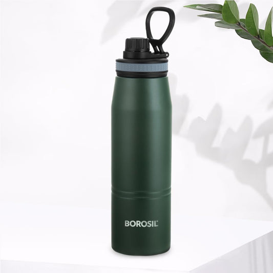 Borosil 900ml Gosports Stainless Steel Bottle | ISI Certified Made in India Double Wall Vacuum Insulated Flask | 14 Hours Hot & 18 Hours Cold | Leakproof, BPA Free | 1 Year Warranty, Green