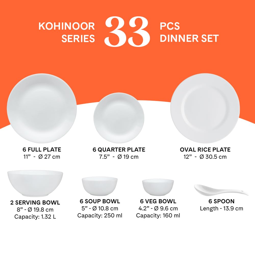 Larah by Borosil Ragina Kohinoor Series Opalware Dinner Set | 33 Pcs for Family of 6 | Microwave & Dishwasher Safe | Bone-Ash Free | Crockery Set for Dining & Gifting | Plates & Bowls | White